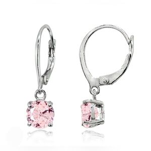 Elegant Silver & Pink 6mm CZ Drop Earrings- Leverback Closing BNIB
